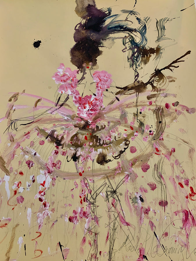 A mixed-media fashion illustration on watercolour paper depicting an abstracted couture figure in a voluminous skirt, rendered with acrylic and ink.