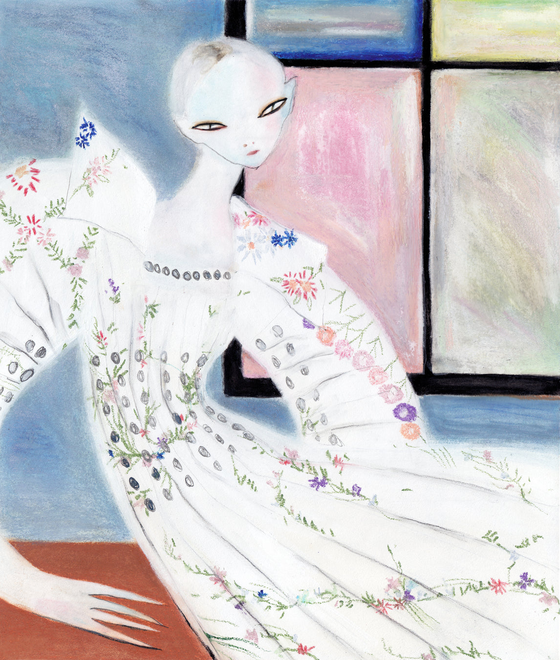 A digital or mixed-media illustration of a pale-skinned figure in a white gown decorated with delicate embroidered flowers and dark beads, seated indoors against a softly coloured interior with pink and blue walls and a geometric window frame.